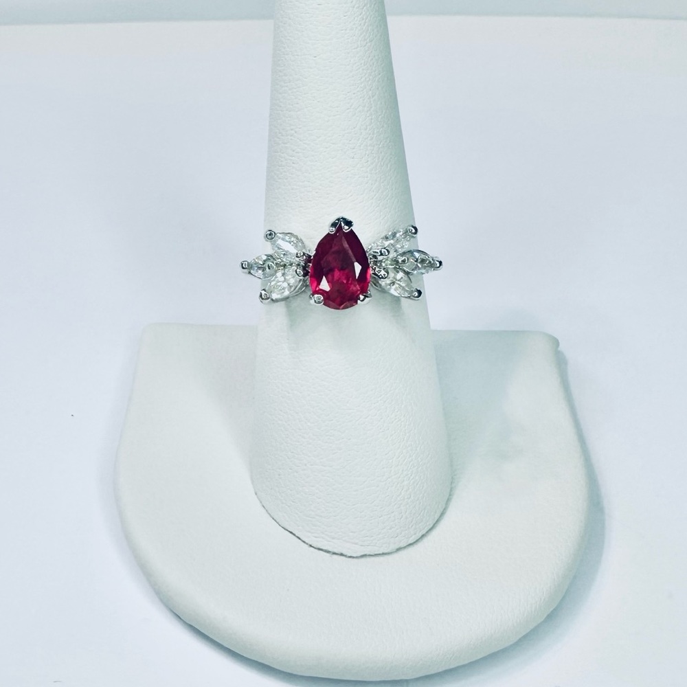 RED and Clear Cubic Zirconia CZ Silver Tone Cocktail Ring